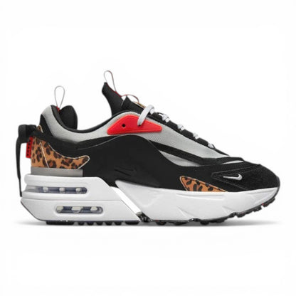 Urbanstyle women's black, white, and red athletic shoes with leopard print accents and visible Air cushioning.