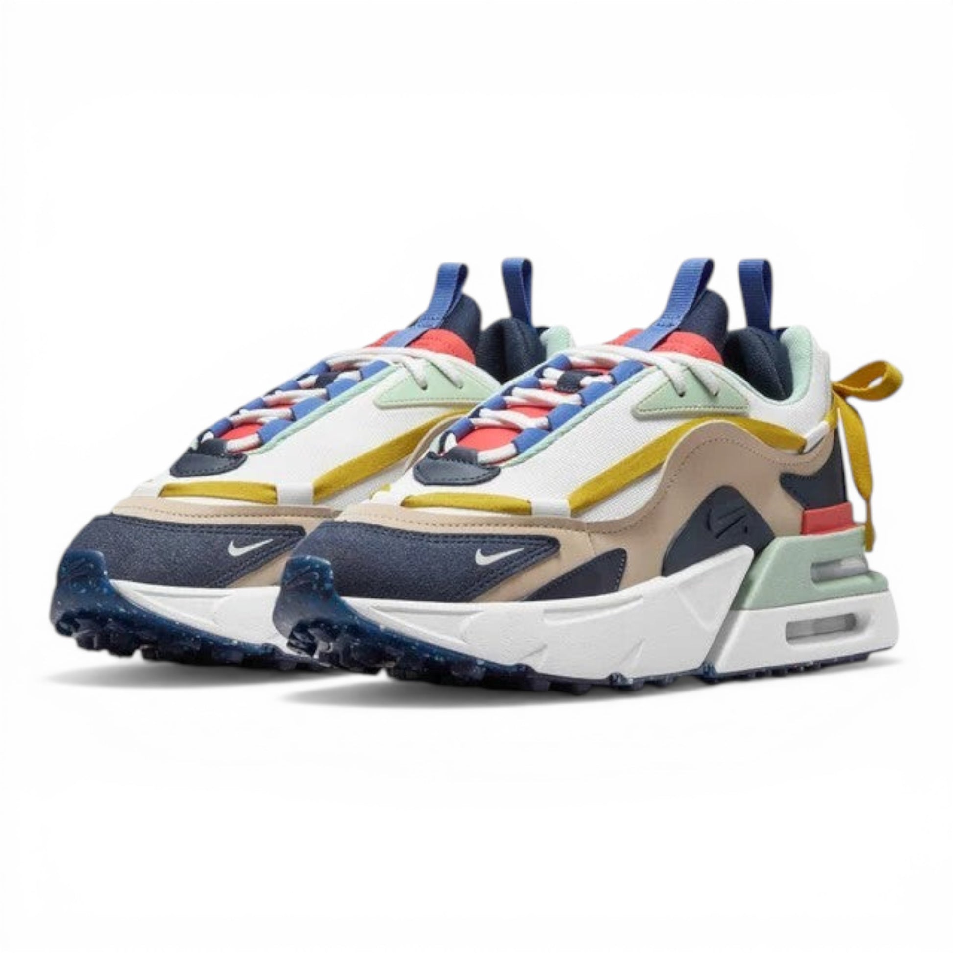 UrbanStyle layered chunky athletic sneakers in white, beige, navy, and multi-color with intricate lacing and robust sole.