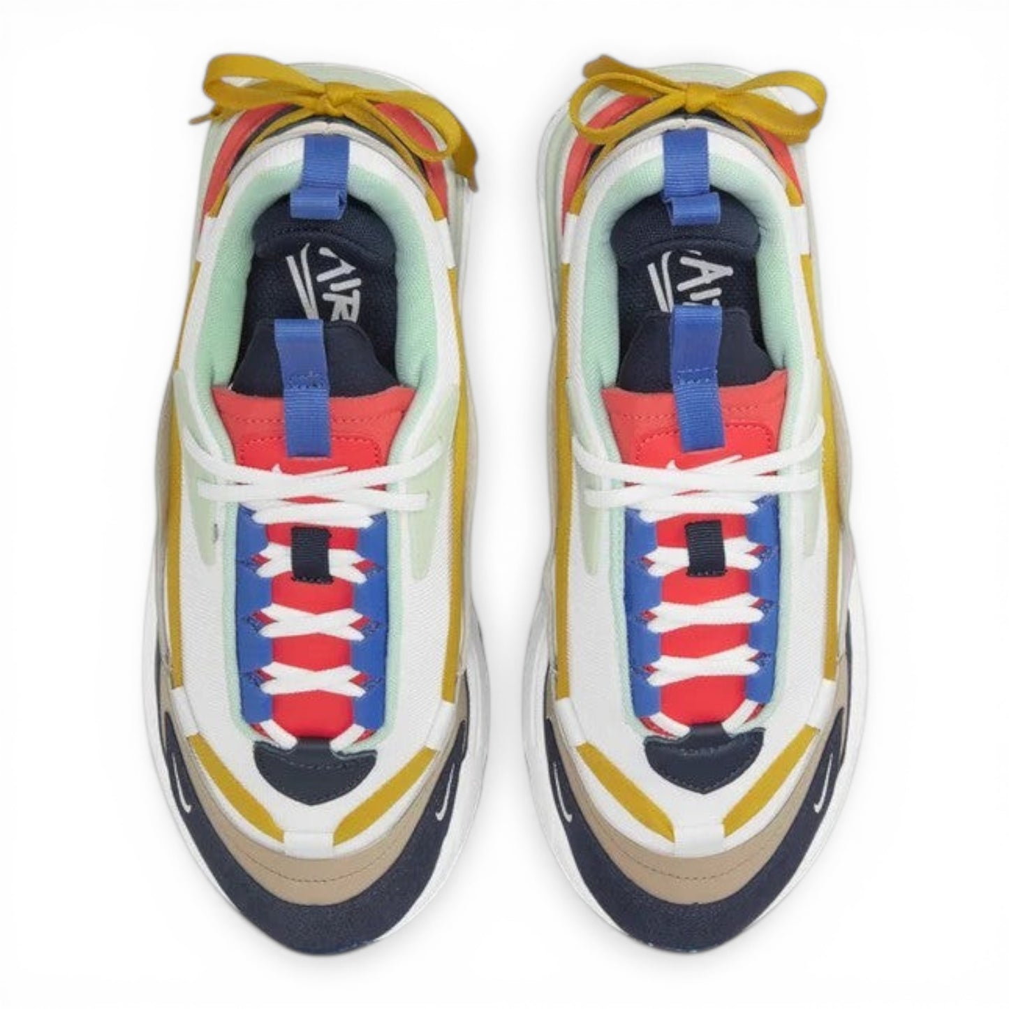 urbanstyle layered chunky athletic sneakers with white, yellow, red, blue, and tan accents. Features intricate lacing and robust sole.