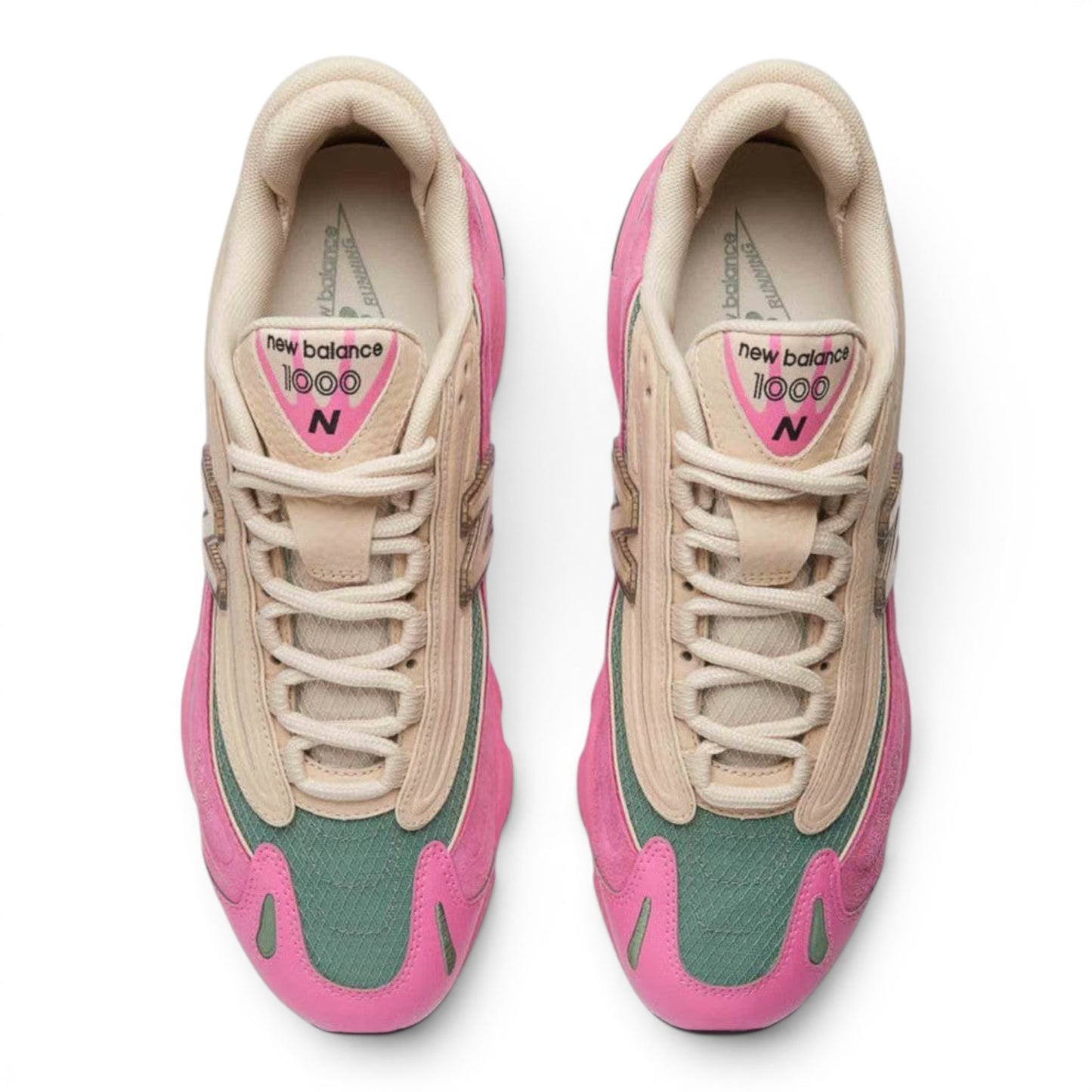 urbanstyle New Balance 1000 lifestyle sneakers in pink suede, green mesh, and beige accents, top-down view.