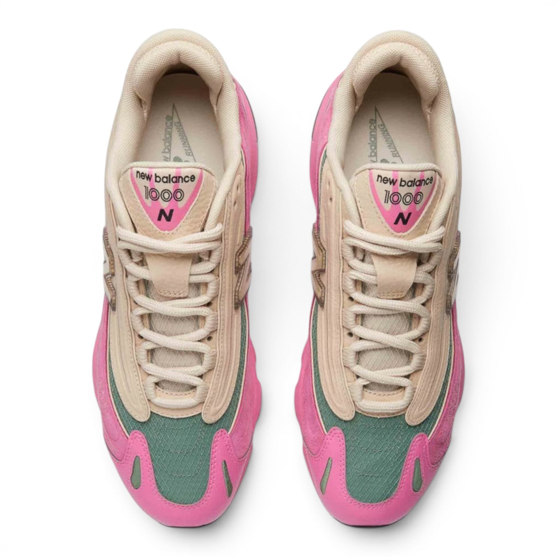 urbanstyle New Balance 1000 lifestyle sneakers in pink suede, green mesh, and beige accents, top-down view.
