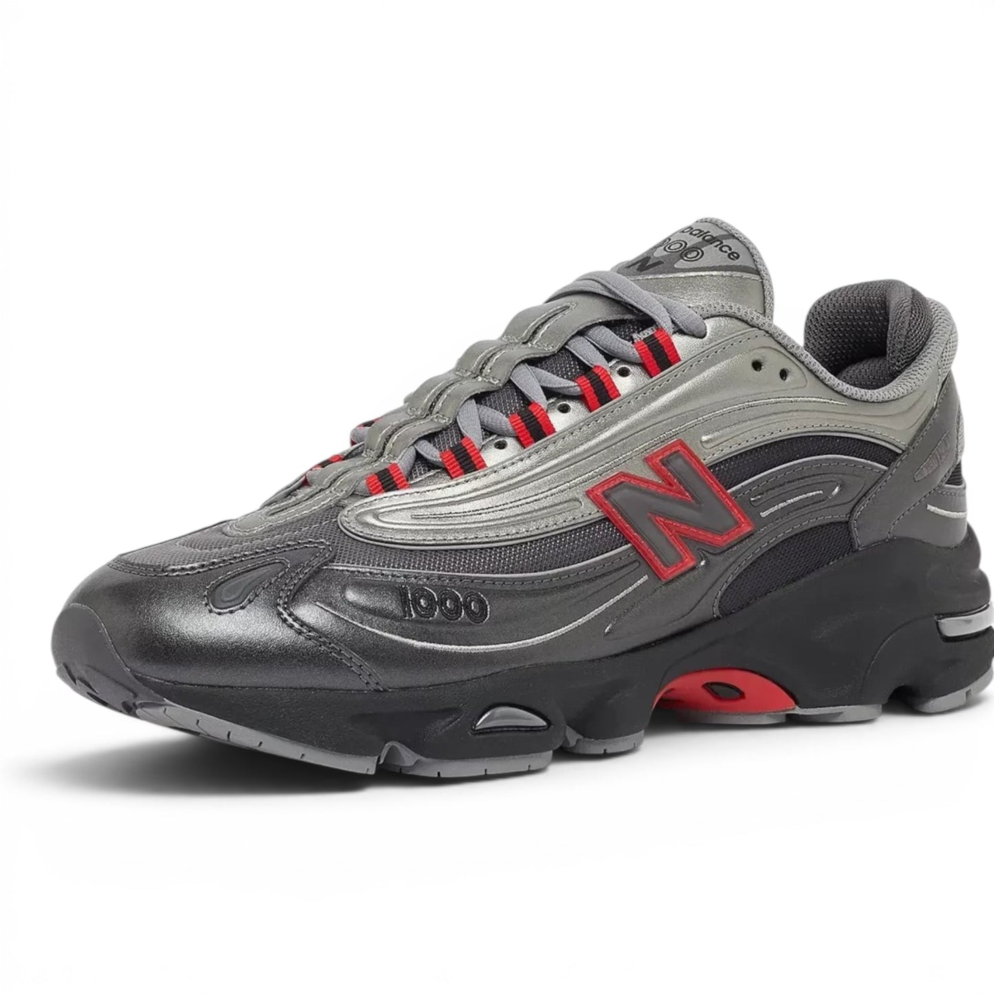 urbanstyle New Balance 1000 lifestyle running shoe in metallic silver and black mesh with red accents.
