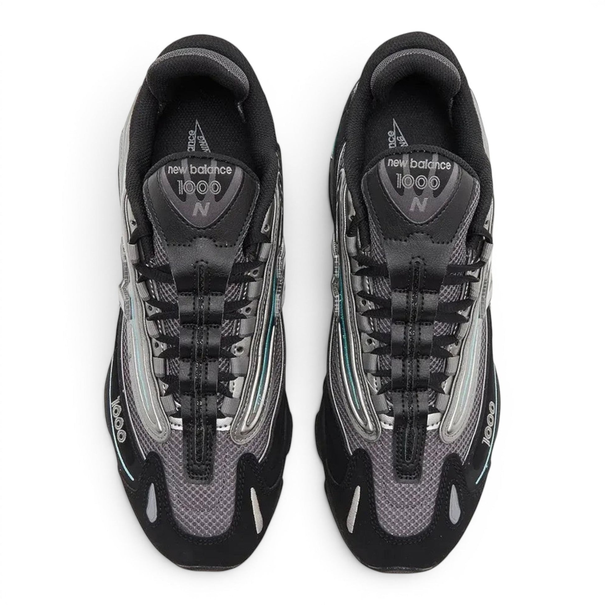 urbanstyle New Balance 1000 lifestyle sneakers in black and metallic silver with teal accents and mesh upper.