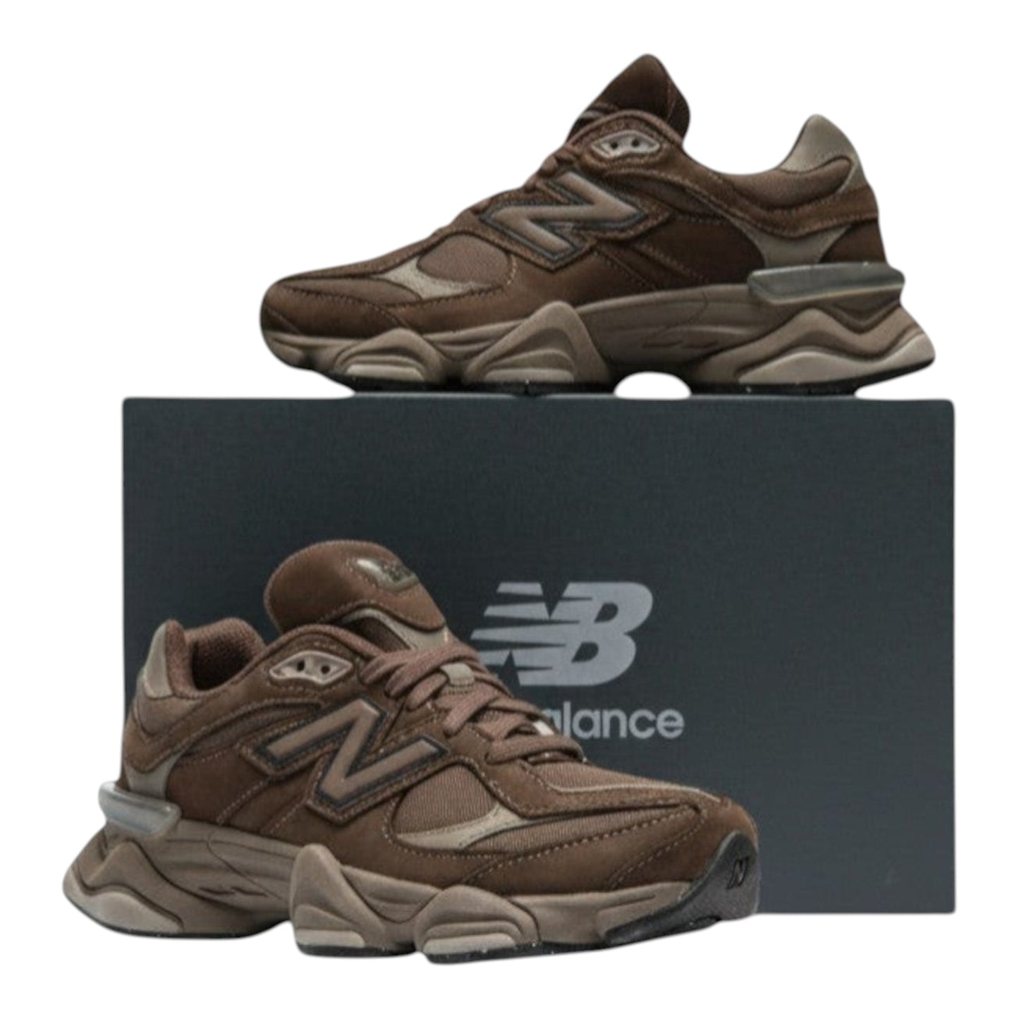 Urbanstyle New Balance 9060 brown suede and mesh sneakers with a chunky sole and grey accents.