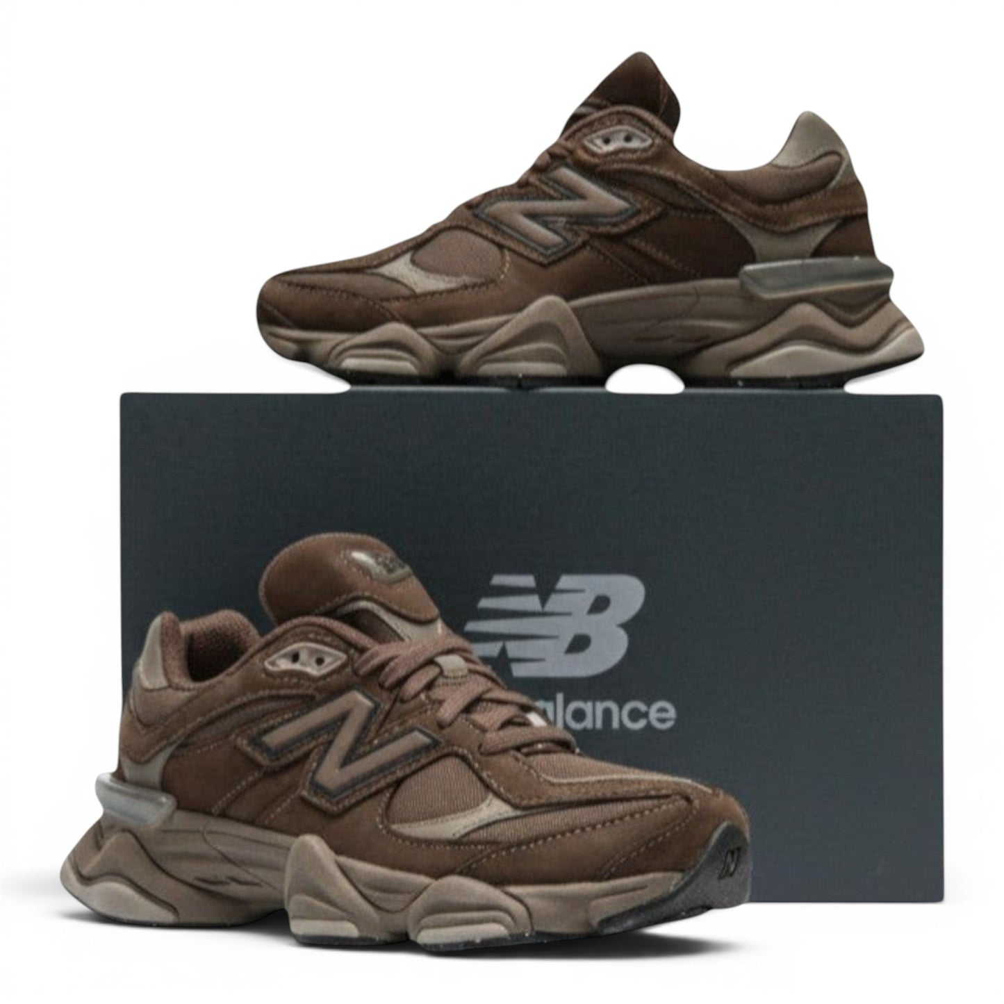 Urbanstyle New Balance 9060 brown suede and mesh sneakers with a chunky sole and grey accents.
