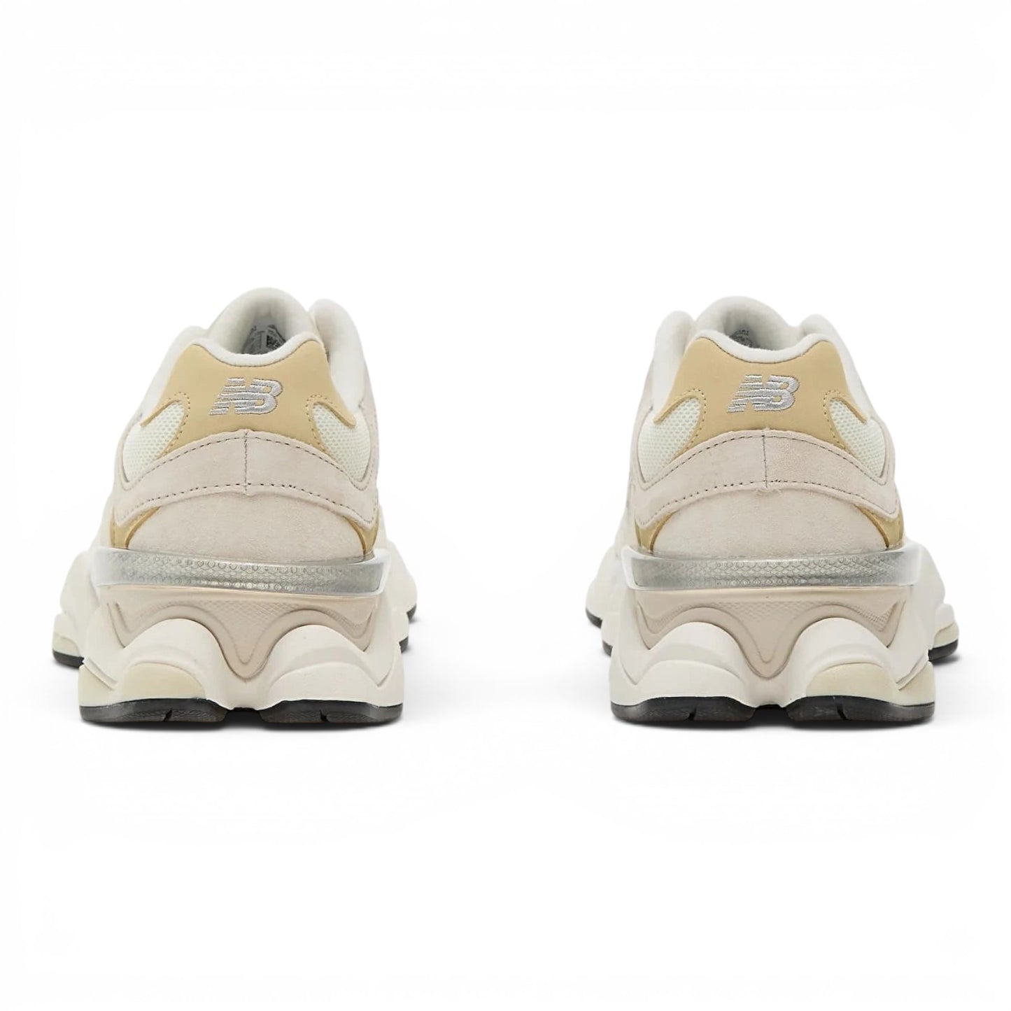 urbanstyle New Balance 9060 lifestyle sneakers in cream and tan suede and mesh, rear view showing chunky midsole.