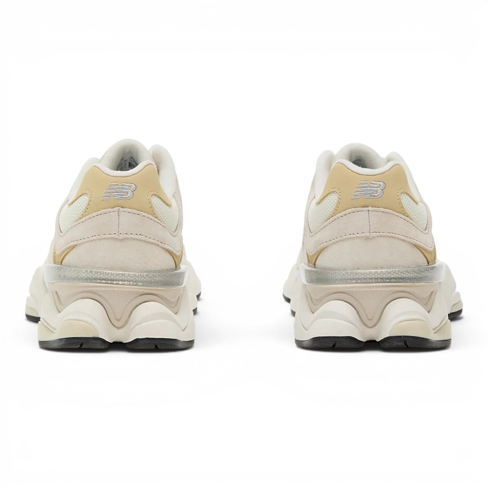 urbanstyle New Balance 9060 lifestyle sneakers in cream and tan suede and mesh, rear view showing chunky midsole.