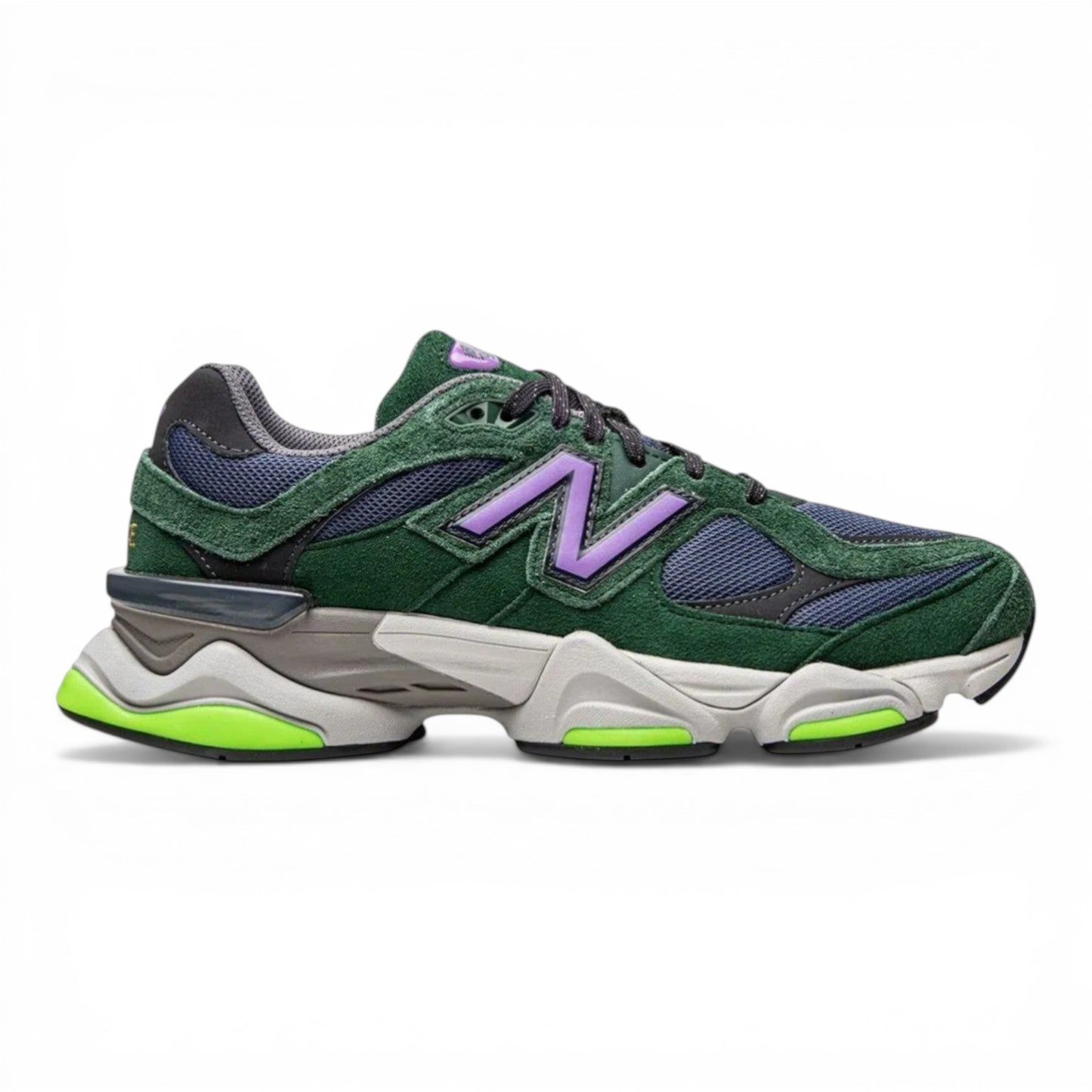 Urbanstyle New Balance 9060 sneakers in green suede and mesh with purple accents and lime green sole details.