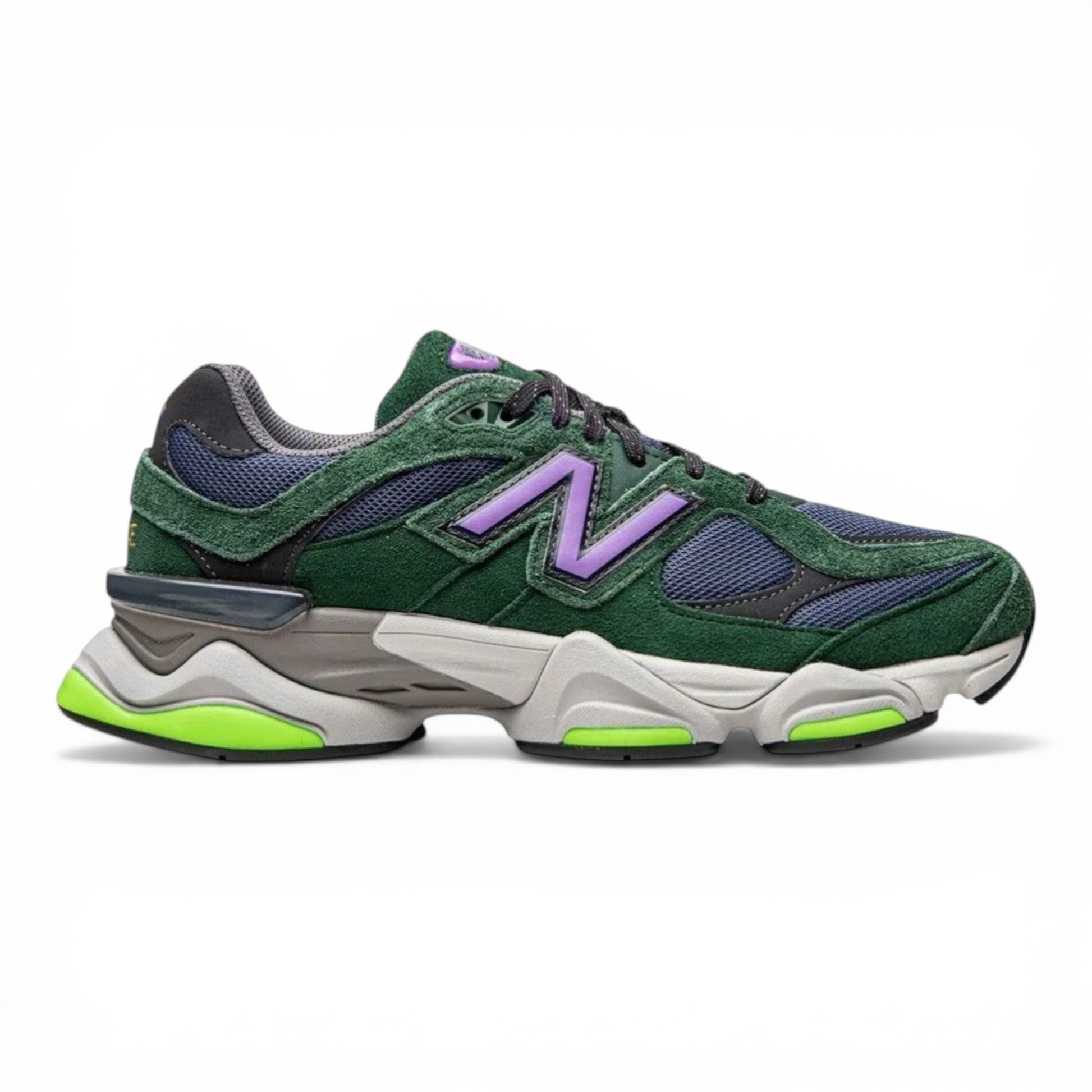 Urbanstyle New Balance 9060 sneakers in green suede and mesh with purple accents and lime green sole details.