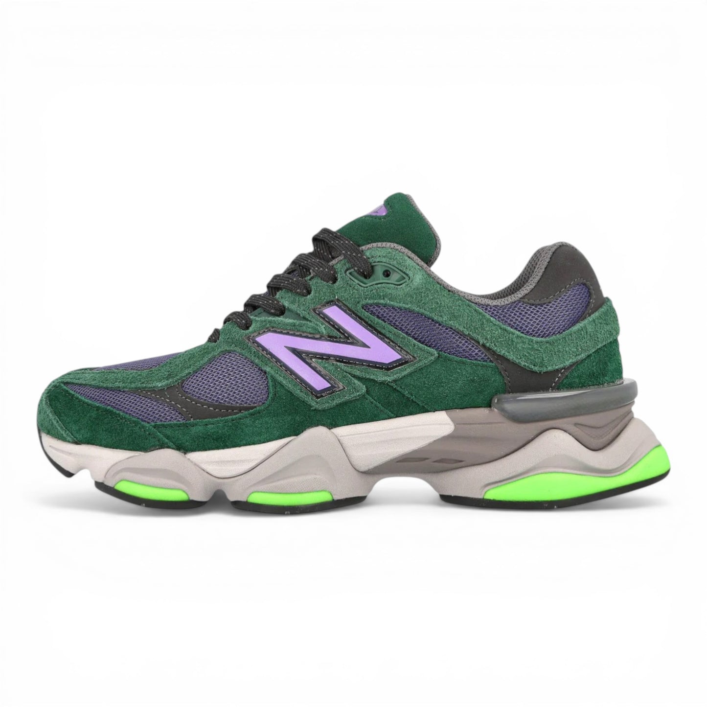 urbanstyle New Balance 9060 sneakers in green suede and mesh with purple accents and lime green sole details.
