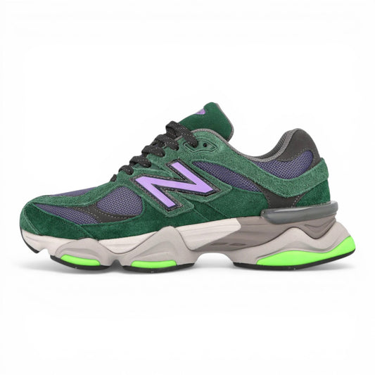 urbanstyle New Balance 9060 sneakers in green suede and mesh with purple accents and lime green sole details.