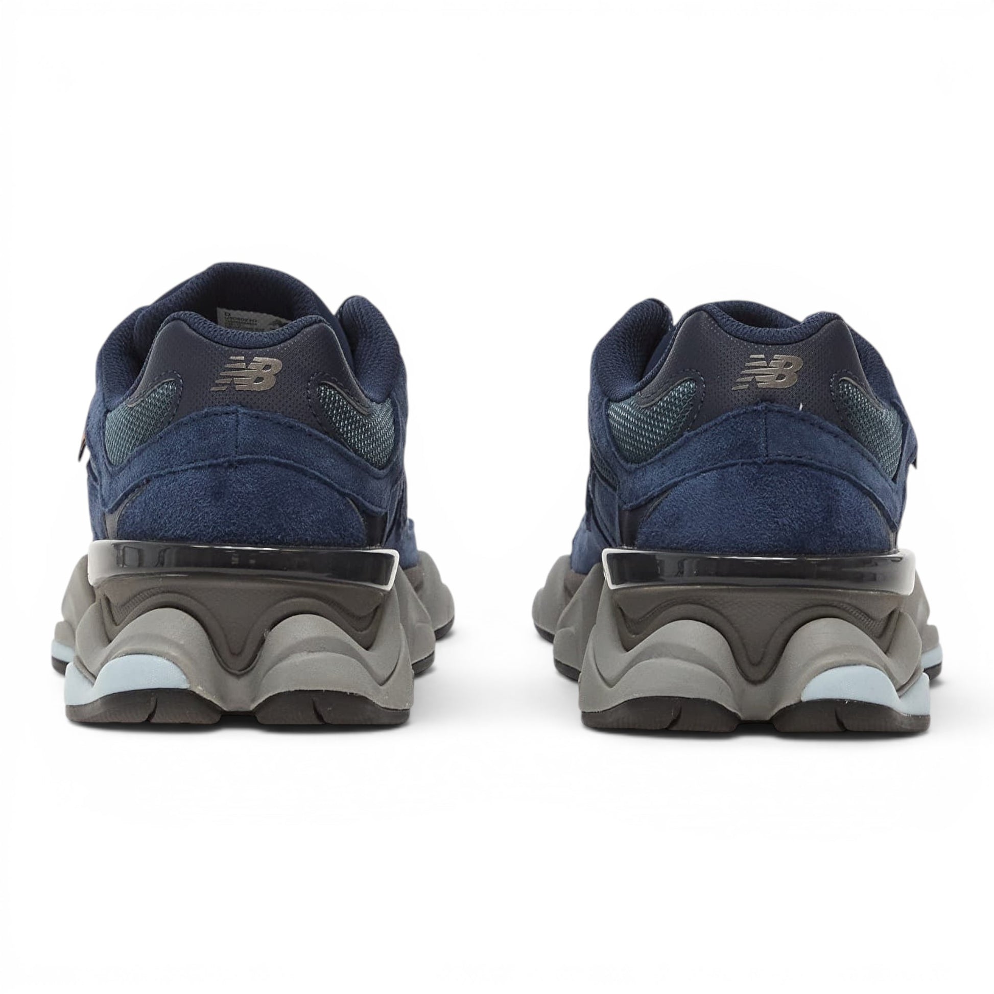 urbanstyle New Balance 9060 navy suede and mesh sneakers, rear view showing chunky sculpted midsole and branding