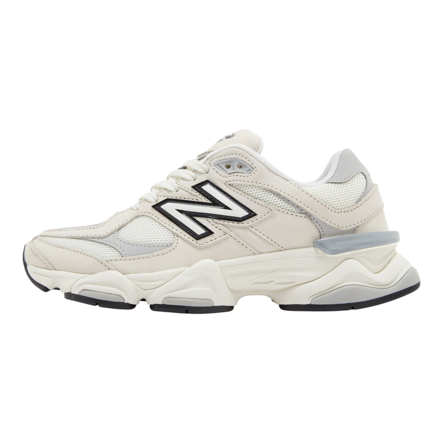 Urbanstyle New Balance 9060 off-white and grey leather and mesh sneakers with chunky sole and N logo.
