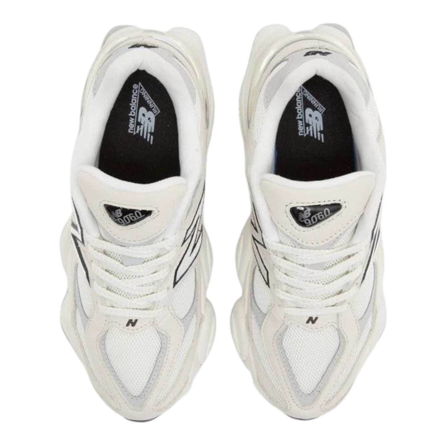 Urbanstyle New Balance 9060 off-white and grey leather and mesh sneakers with chunky sole and 'N' logo.