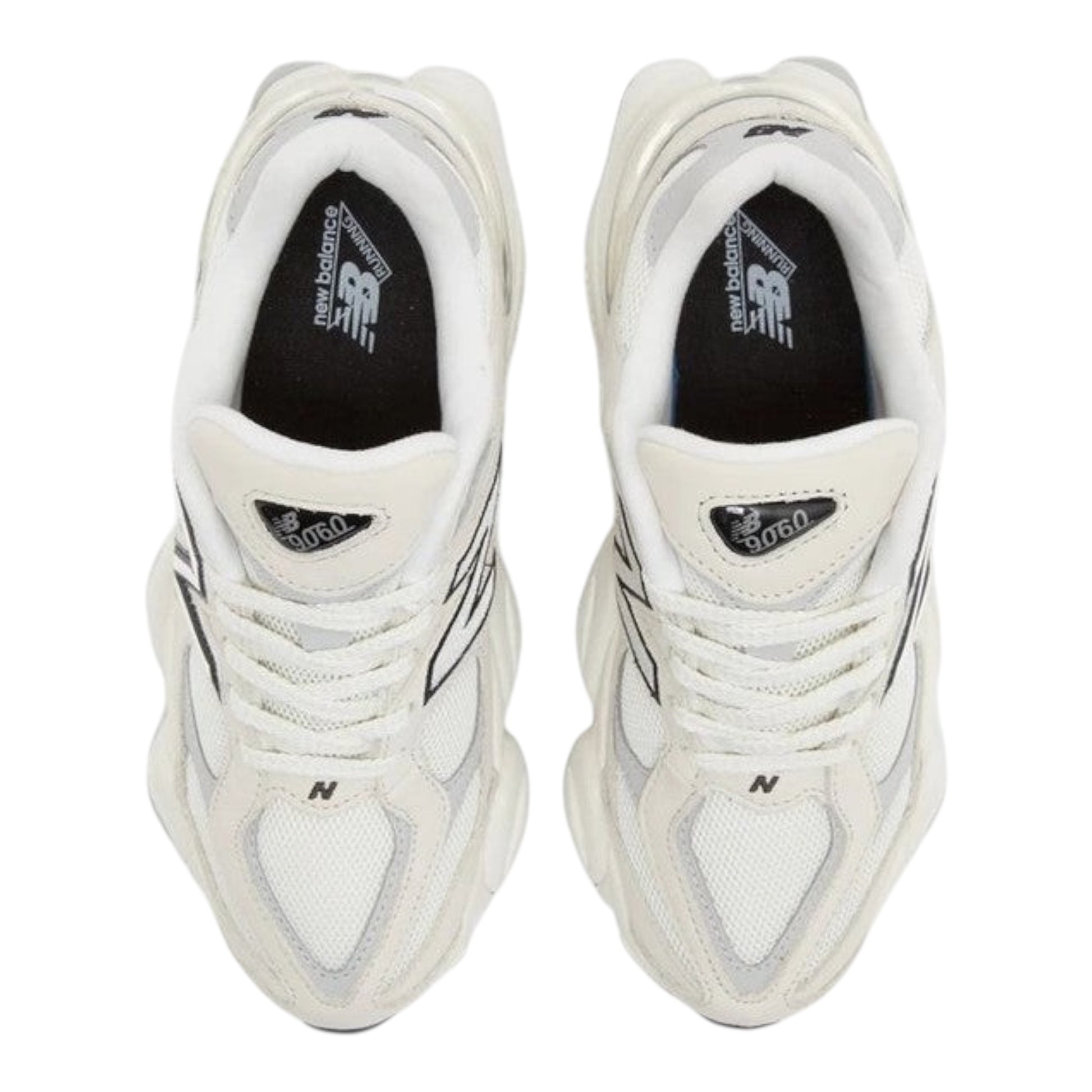 Urbanstyle New Balance 9060 off-white and grey leather and mesh sneakers with chunky sole and 'N' logo.