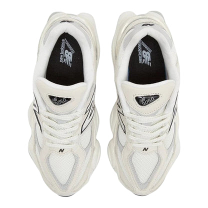 Urbanstyle New Balance 9060 off-white and grey leather and mesh sneakers with chunky sole and 'N' logo.
