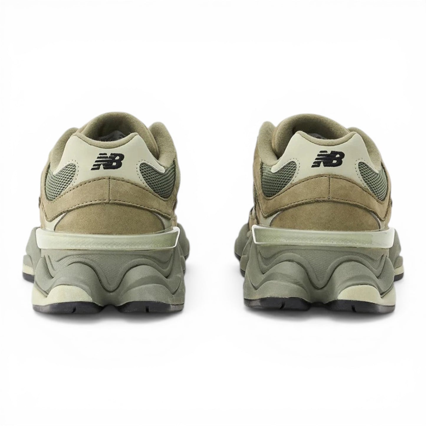 Urbanstyle New Balance 9060 olive green suede and mesh sneakers with chunky sole and NB logo.