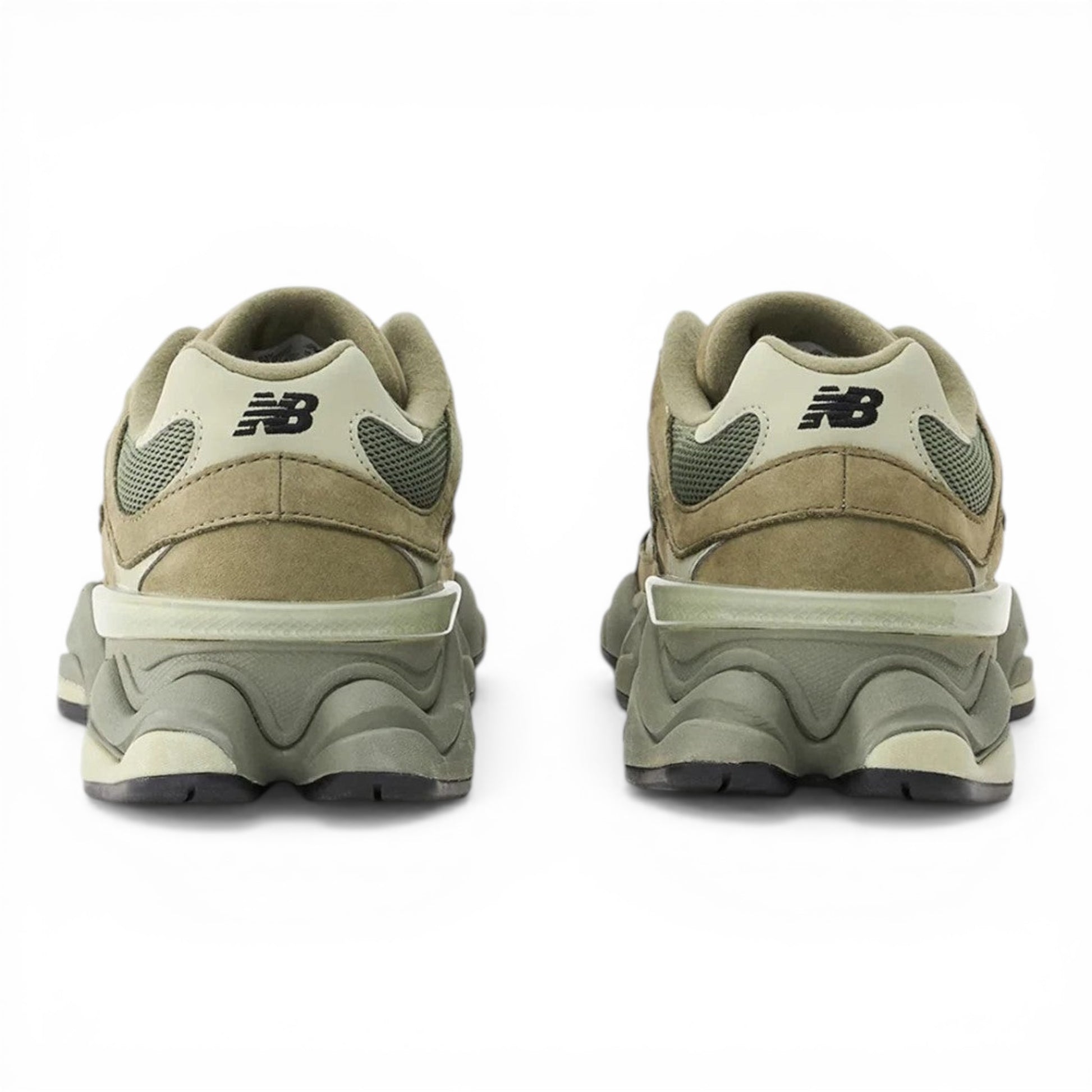 Urbanstyle New Balance 9060 olive green suede and mesh sneakers with chunky sole and NB logo.