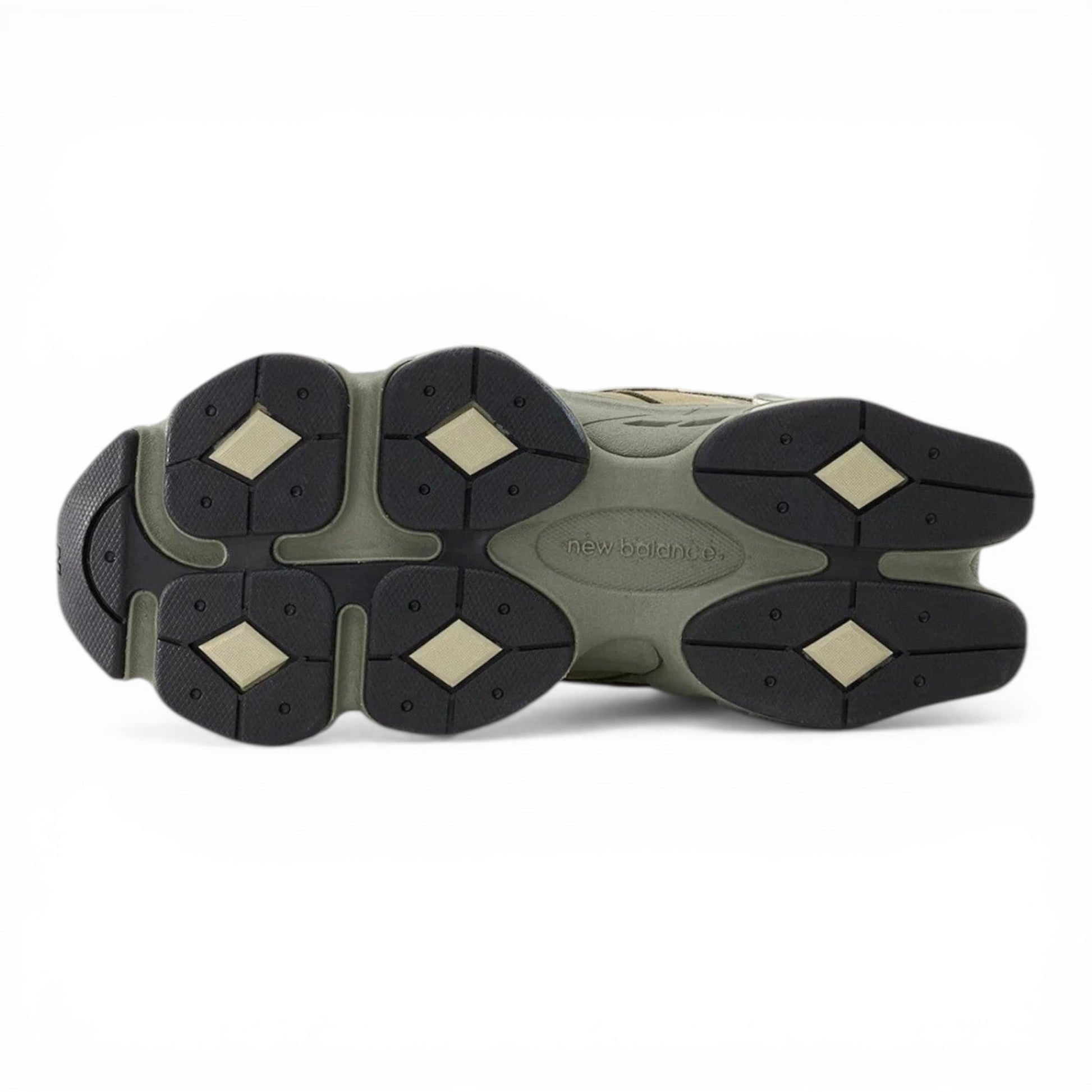 Urbanstyle New Balance 9060 olive green suede and mesh sneakers with chunky sole.
