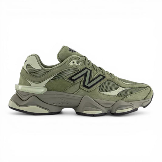 Urbanstyle New Balance 9060 olive green suede and mesh sneakers with chunky sole and N logo.