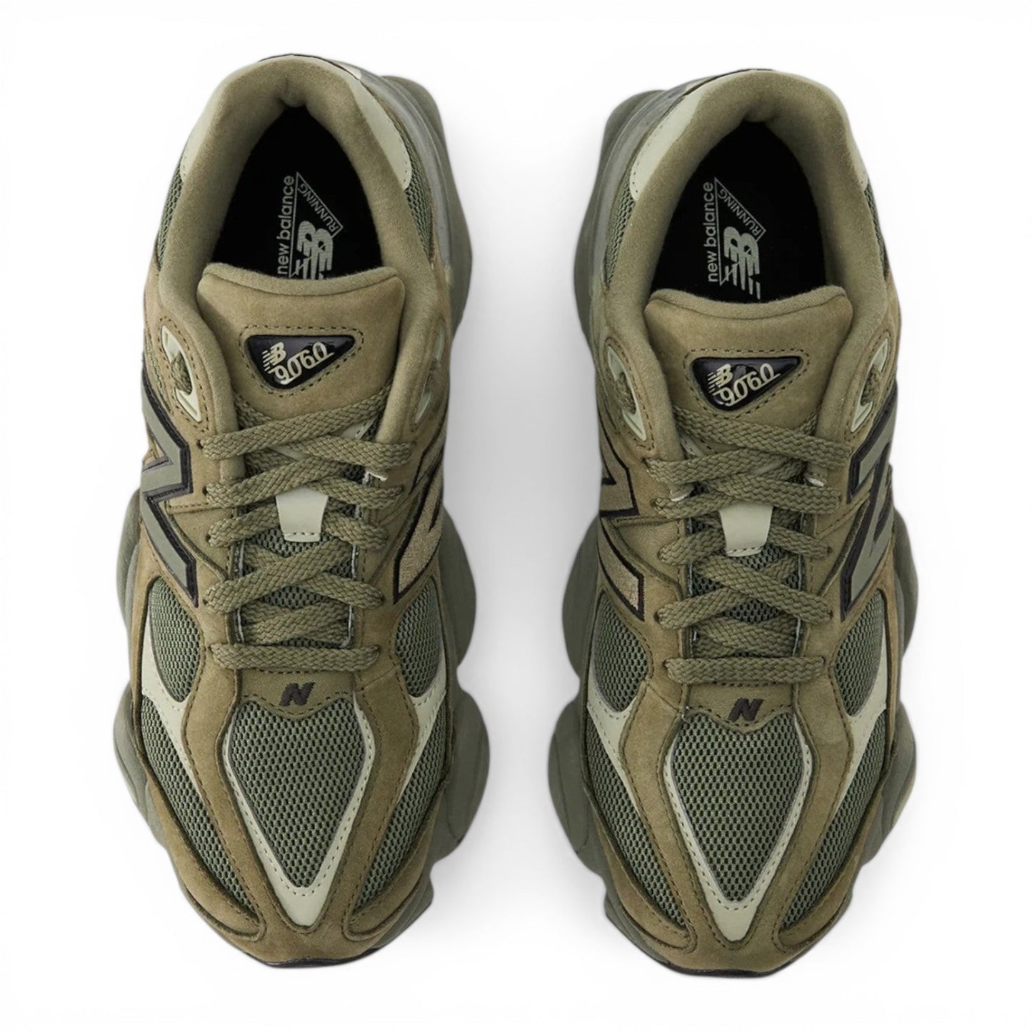 Urbanstyle New Balance 9060 olive green suede and mesh sneakers with chunky sole and N logo.