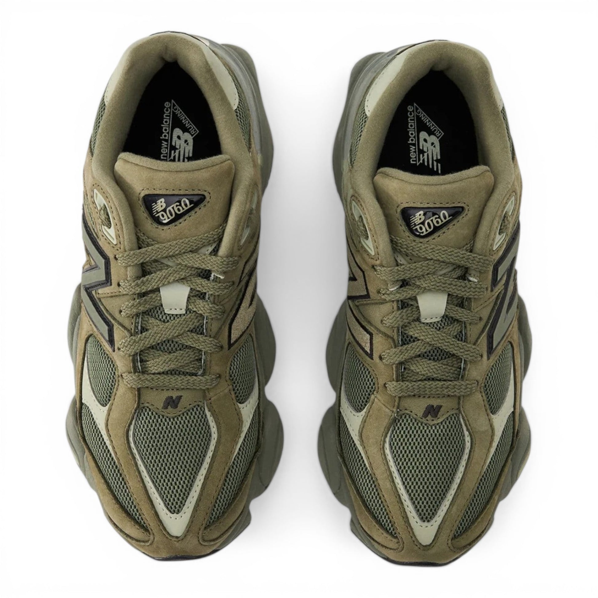 Urbanstyle New Balance 9060 olive green suede and mesh sneakers with chunky sole and N logo.