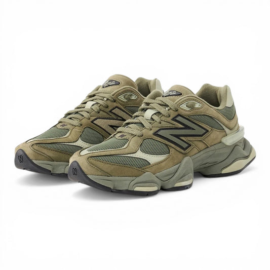 Urbanstyle New Balance 9060 olive green suede and mesh sneakers with chunky sole and N logo.