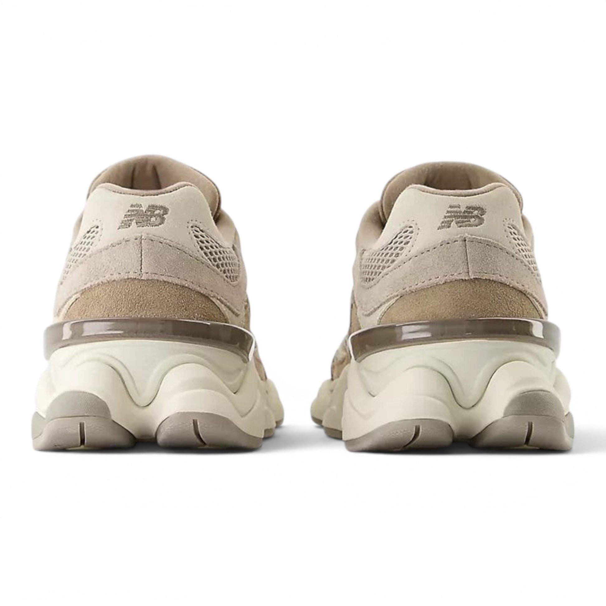 urbanstyle New Balance 9060 sneakers in tan and beige suede and mesh, showing the chunky sculpted heel and midsole.