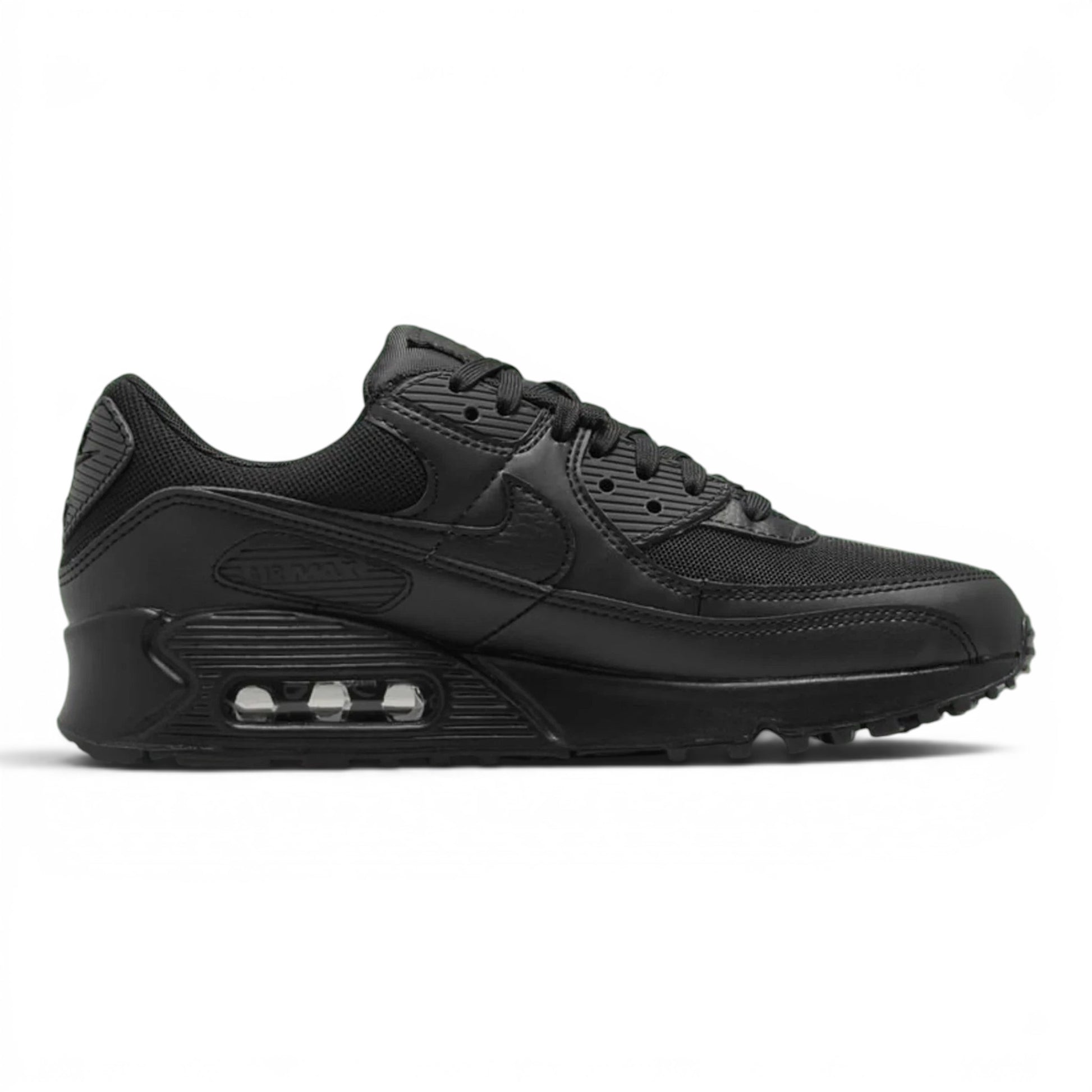 urbanstyle Nike Air Max 90 all-black athletic sneaker with mesh and synthetic overlays and visible Air heel cushioning
