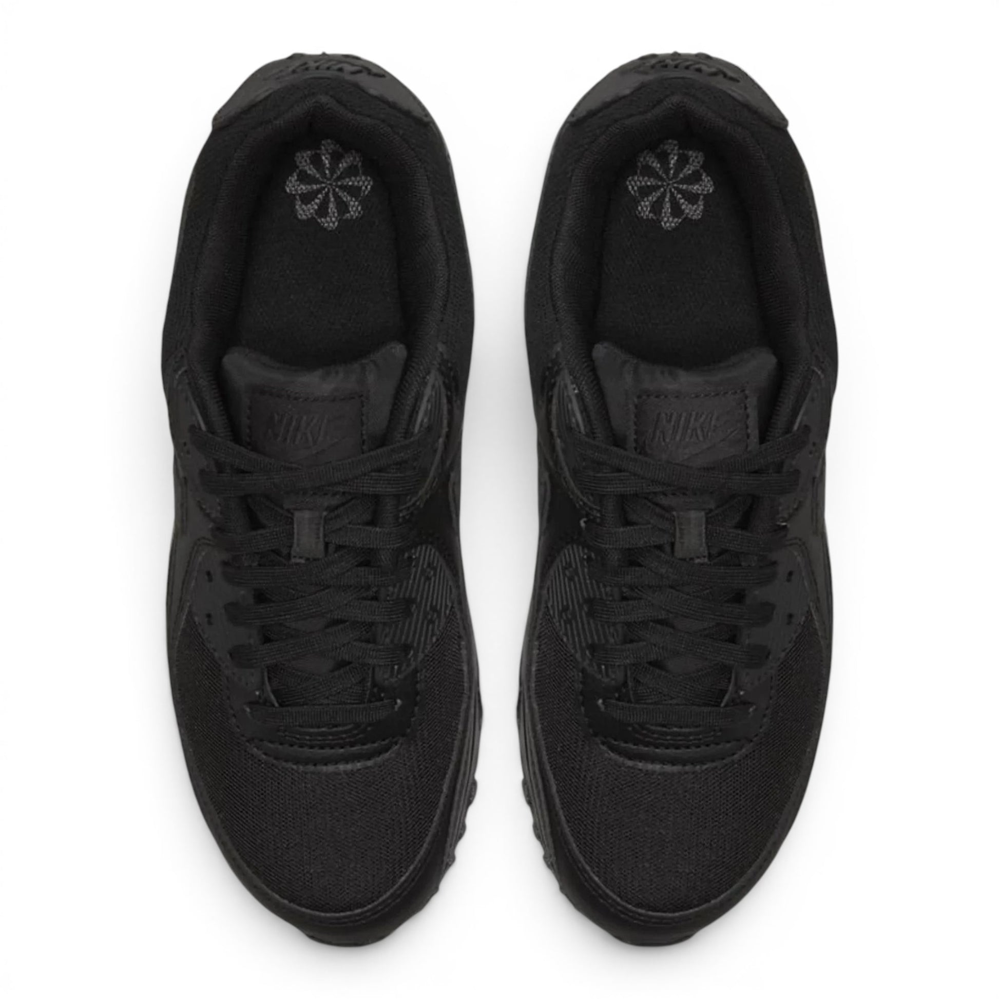 urbanstyle Nike Air Max 90 all-black running shoes with mesh and synthetic overlays in a top-down view