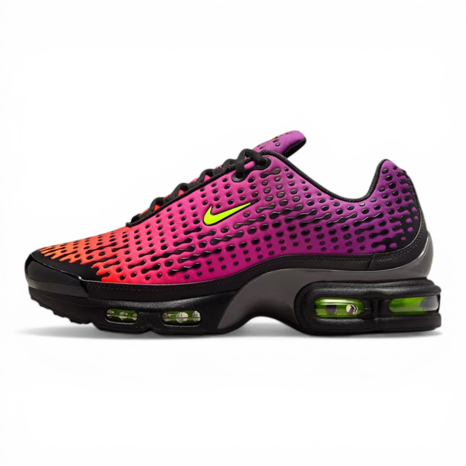 UrbanStyle Nike Air Max Plus sneakers with pink, purple, orange gradient mesh upper and neon green Swoosh.