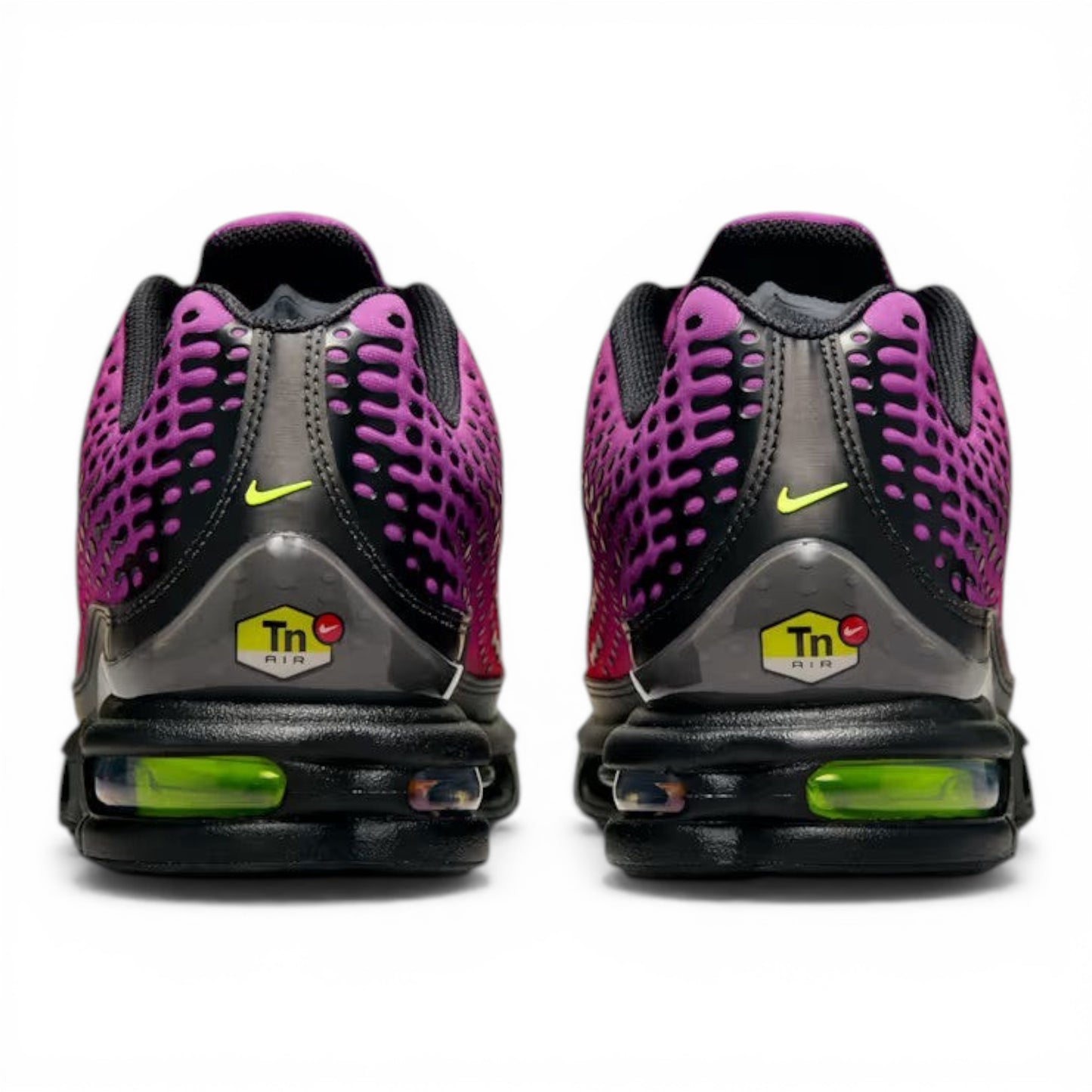UrbanStyle Nike Air Max Plus Tn SE running shoes with pink, purple, orange gradient mesh and neon green Swoosh.