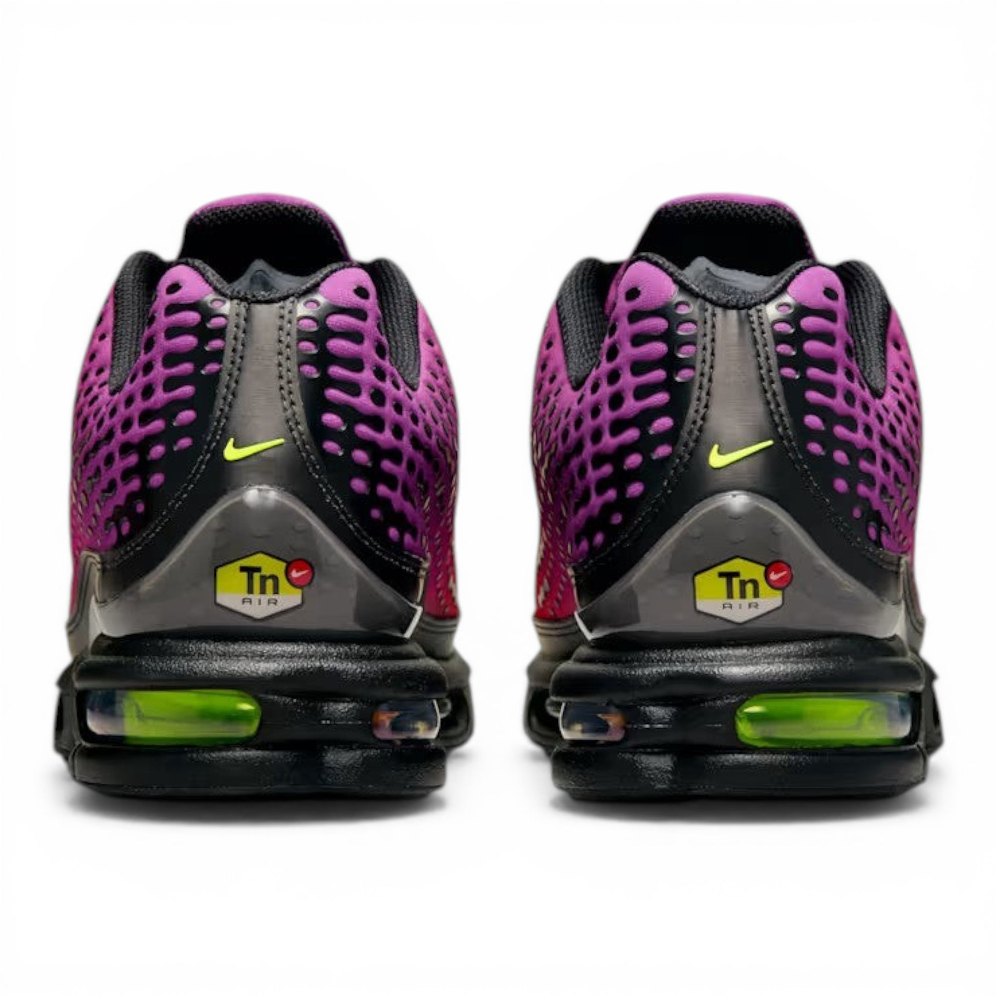UrbanStyle Nike Air Max Plus Tn SE running shoes with pink, purple, orange gradient mesh and neon green Swoosh.