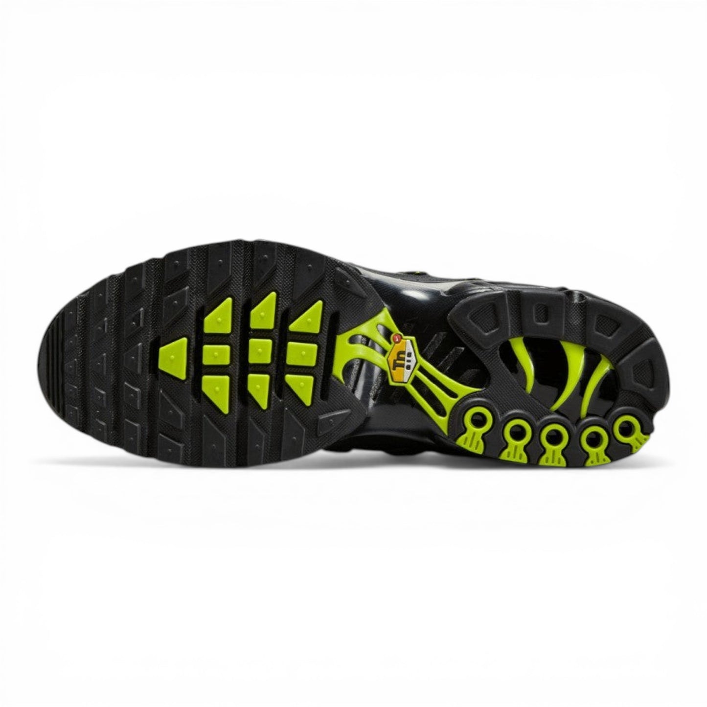 Urbanstyle Nike Air Max Plus Tn Se sneakers with black, grey tiger stripes and volt green accents on sole.