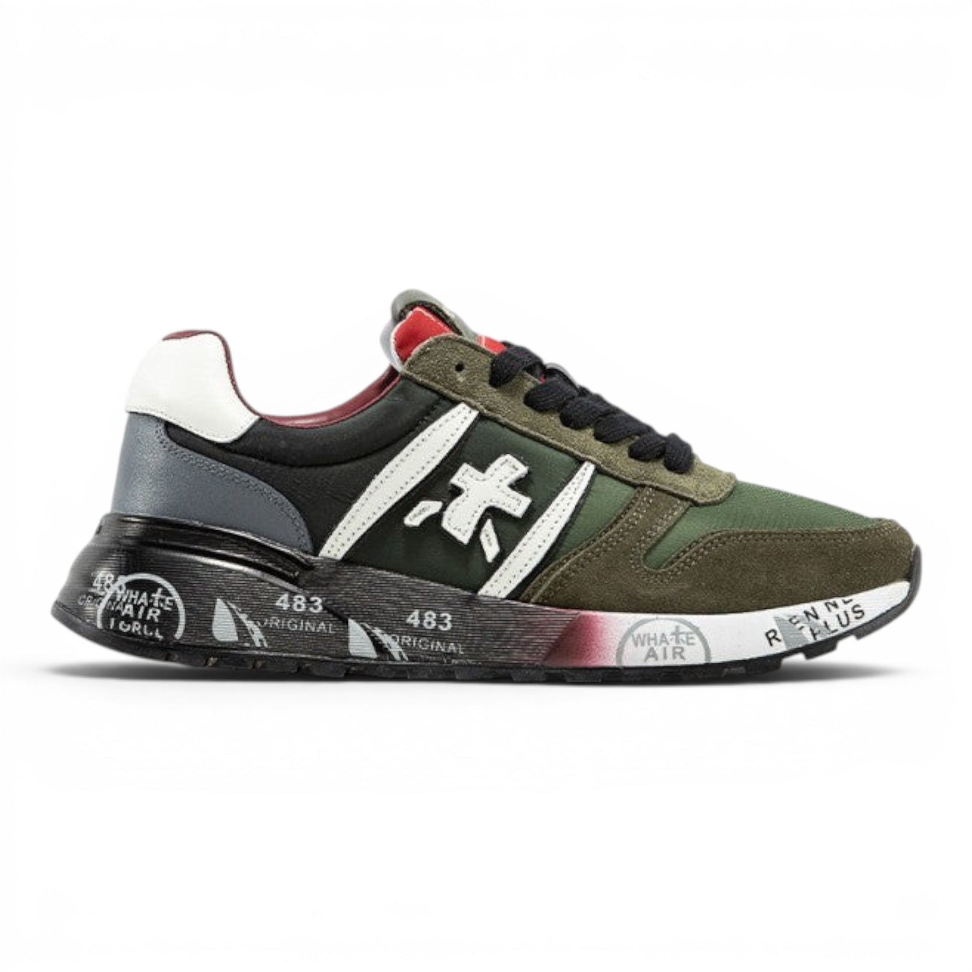 urbanstyle Premiata low top sneakers in olive green suede and technical fabric with graphic print chunky sole