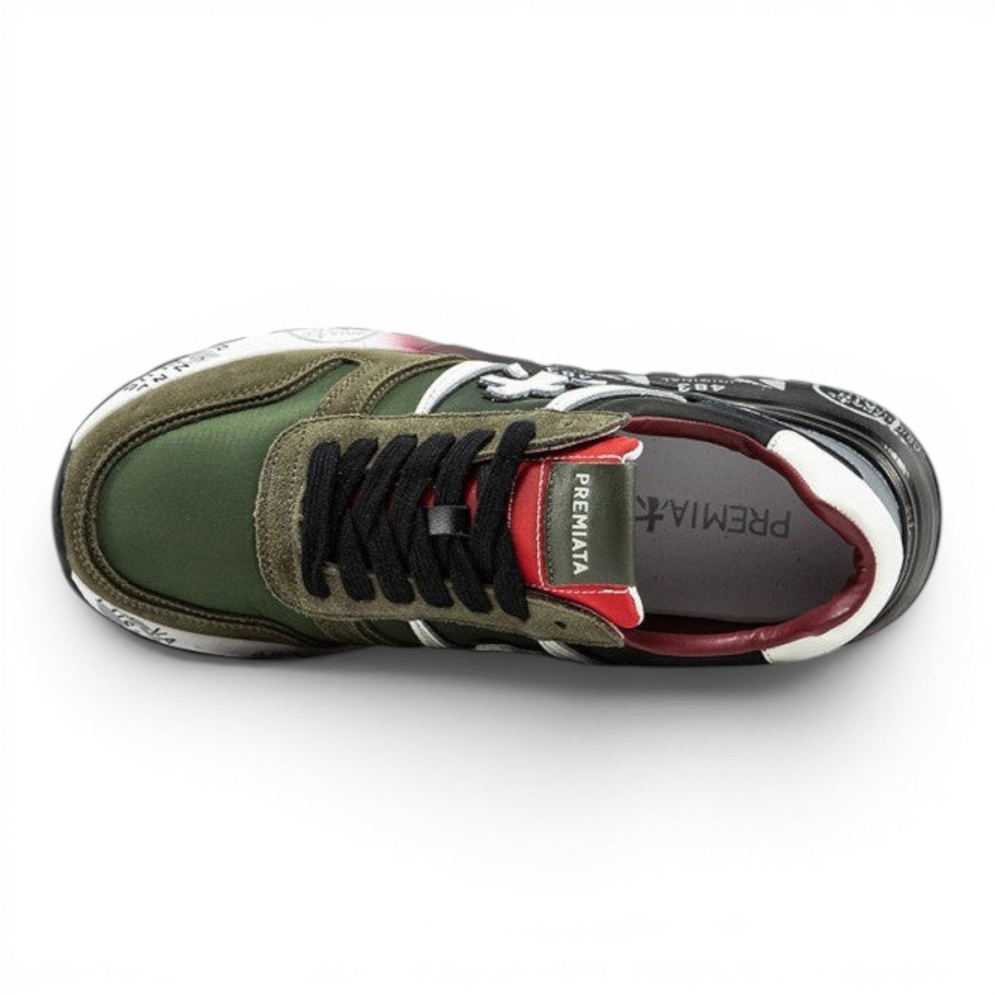 urbanstyle Premiata low top sneakers in olive green suede and technical fabric with graphic print chunky soles