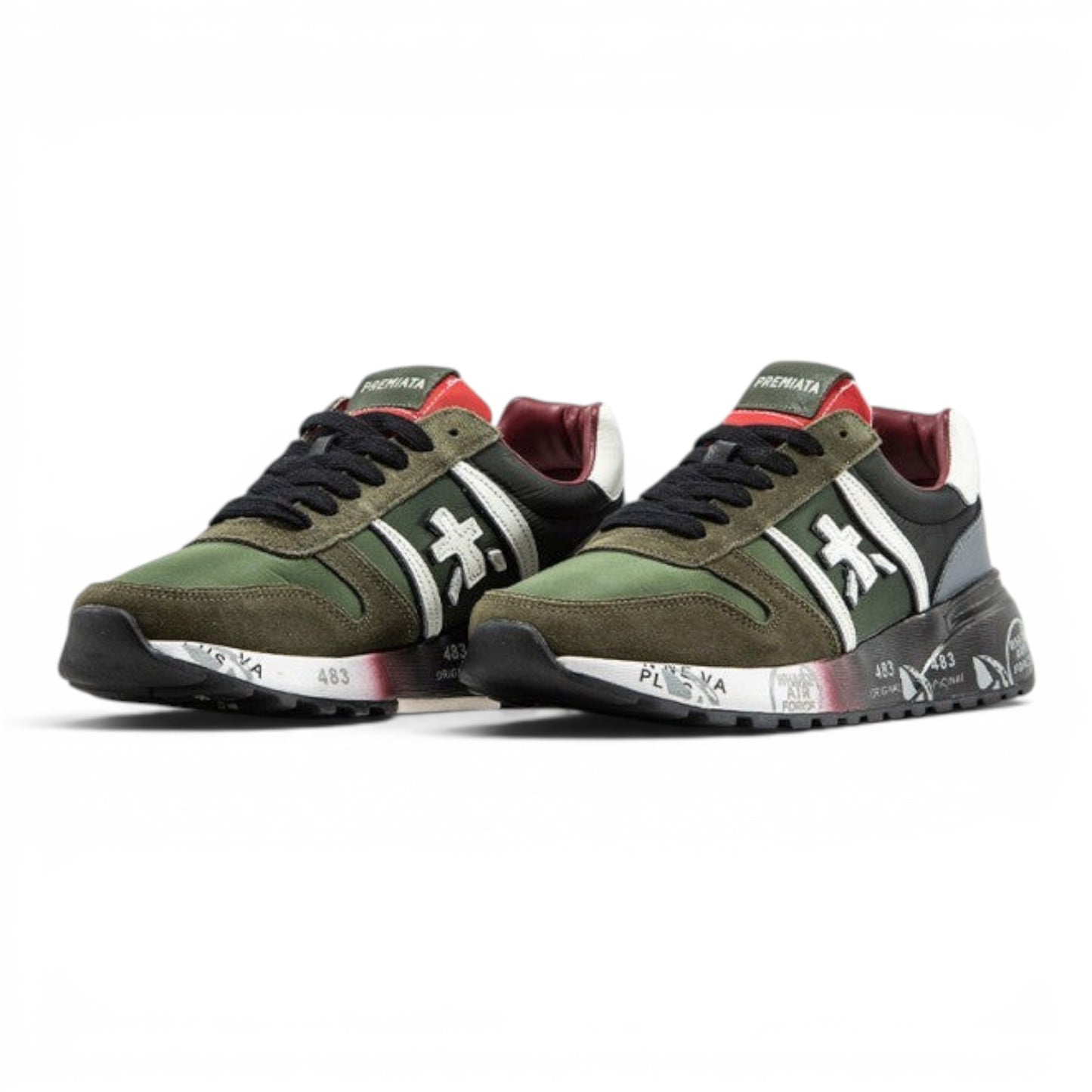 urbanstyle Premiata low top sneakers in olive green suede and technical fabric with graphic print chunky soles.