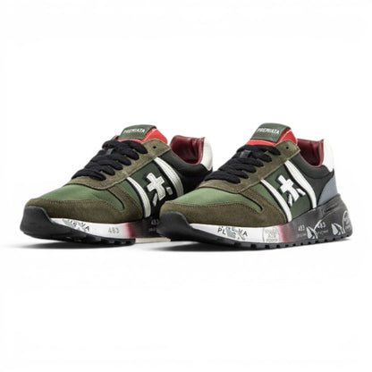 urbanstyle Premiata low top sneakers in olive green suede and technical fabric with graphic print chunky soles.