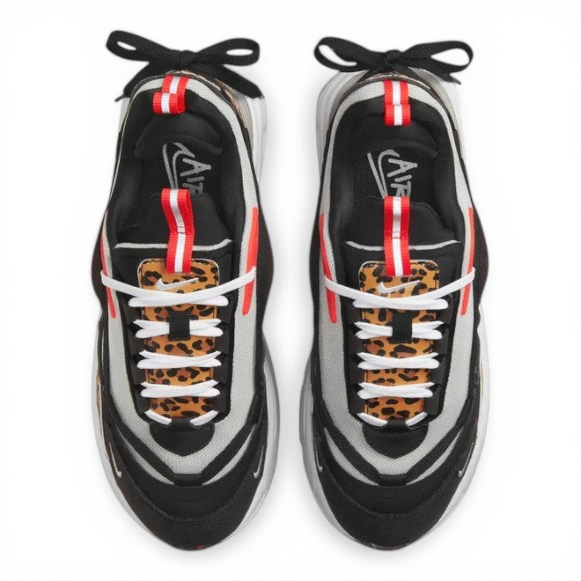 Urbanstyle women's black, white, and red athletic shoes with leopard print accents and Air cushioning.
