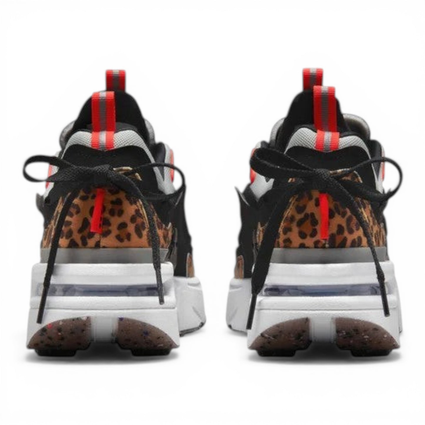 Urbanstyle women's black, white, and red athletic shoes with leopard print accents and chunky white midsole.