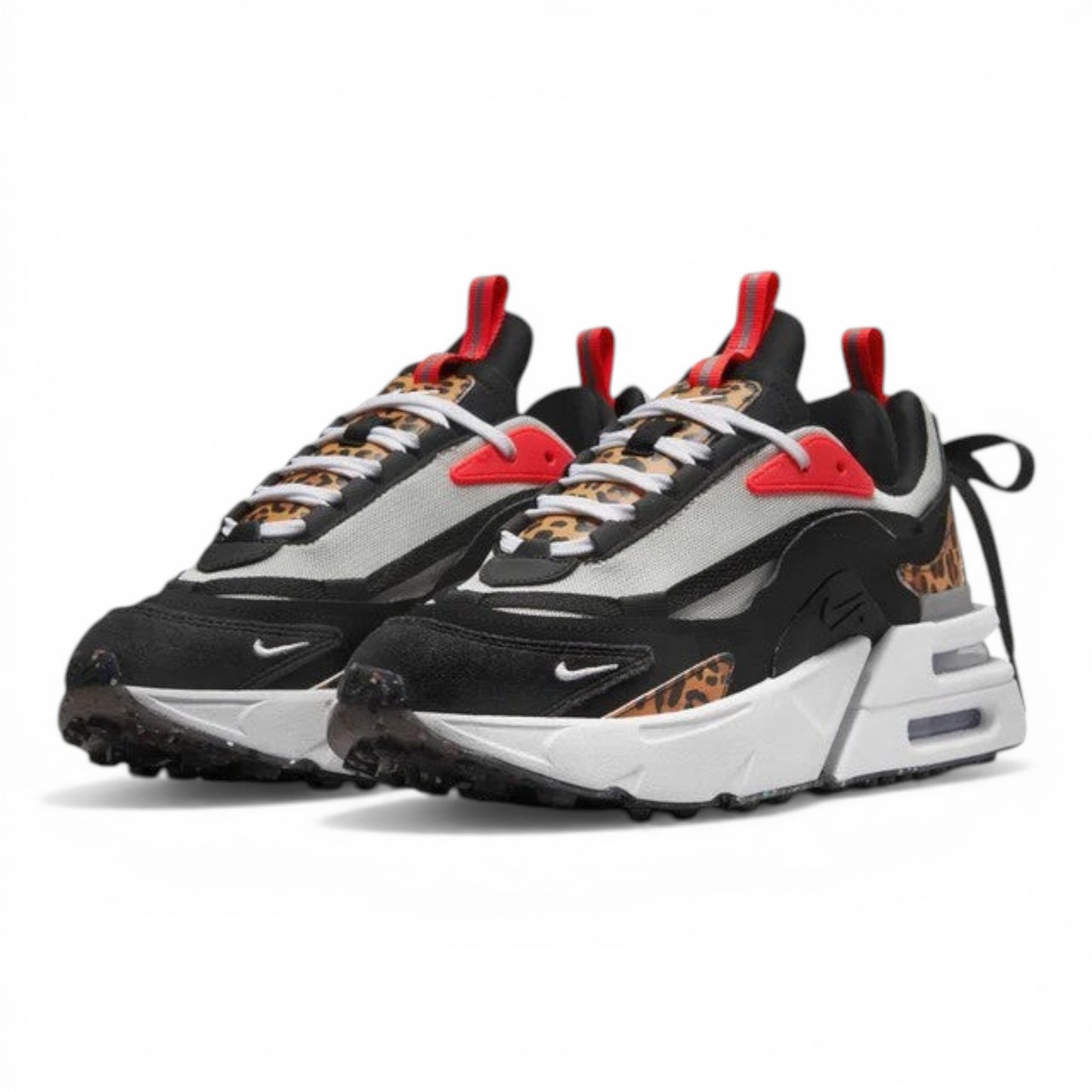 Urbanstyle women's black, white, and red athletic shoes with leopard print accents and chunky Air cushioned midsole.